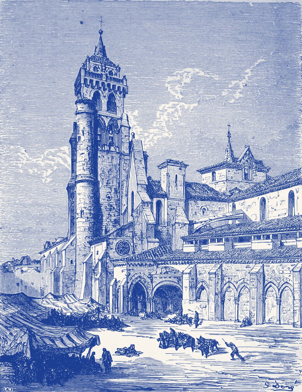 Gravura do século XIX: a torre e as arcadas de um mosteiro de pedra, com uma feira na praça em frente.