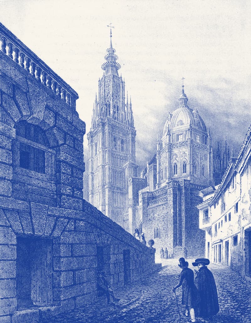 Gravura do século XIX: a torre e a cúpula da catedral de Toledo vistas de uma rua de pedra.