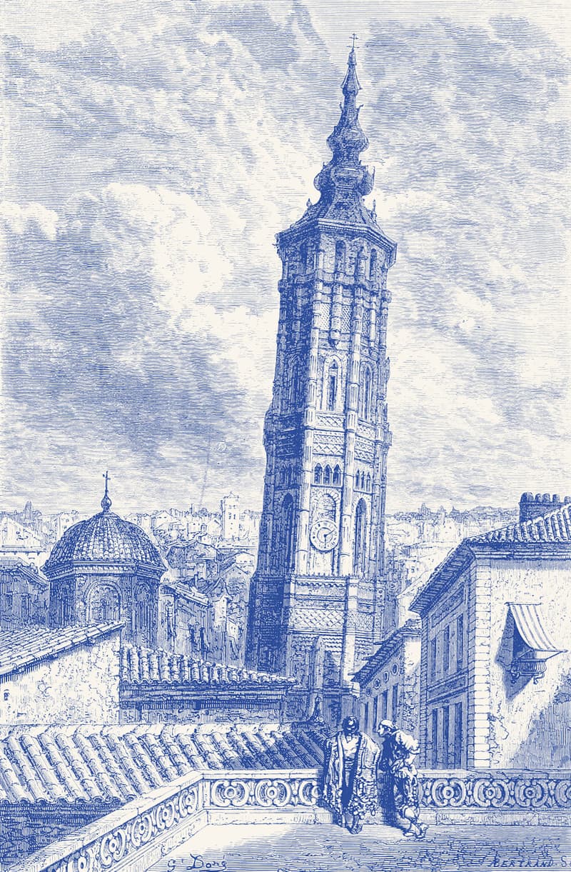 Gravura do século XIX: uma torre de tijolo trabalhado acima dos telhados de Saragoça.